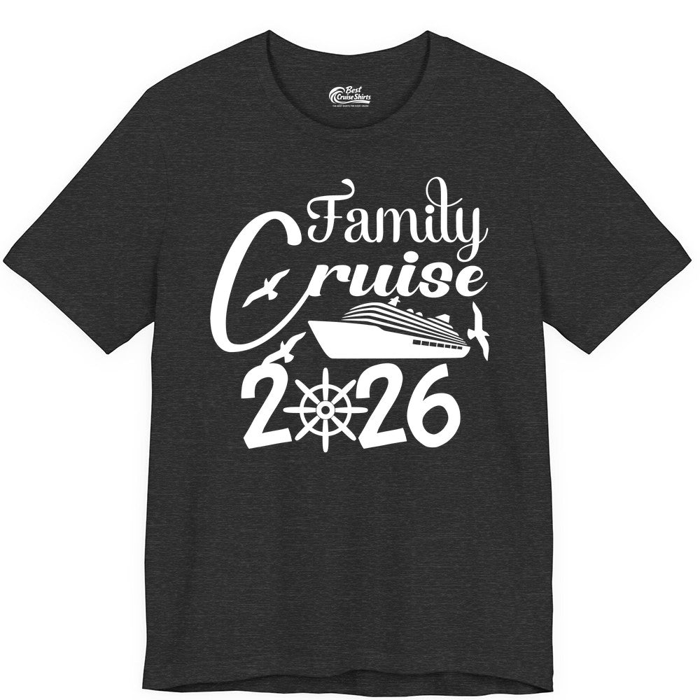 Family Cruise Shirts 2026 - Matching Cruise Group Shirts for Families (Premium Tee) in Dark Grey Heather - Family Cruise 2026 Shirt with Cruise Ship and Seagulls Graphic