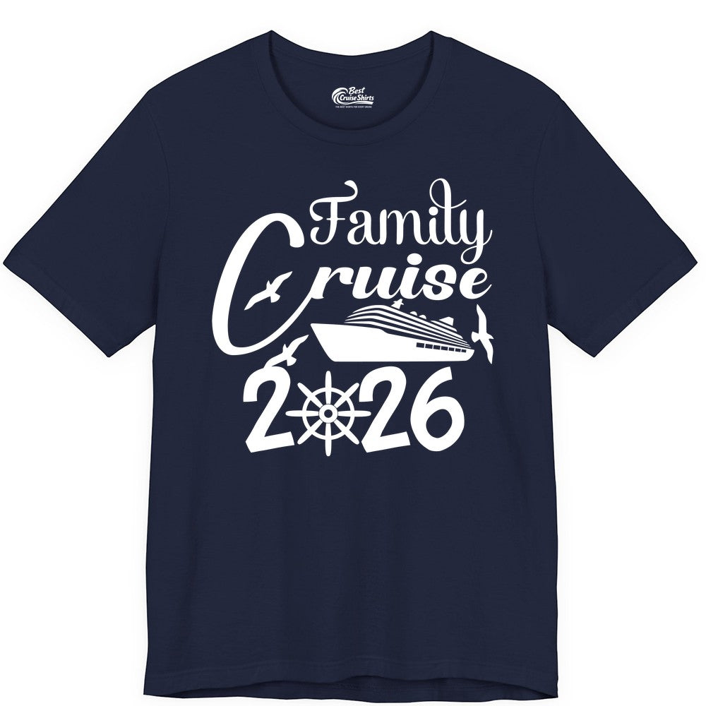 Family Cruise Shirts 2026 - Matching Cruise Group Shirts for Families (Premium Tee) in Navy - Family Cruise 2026 Shirt with Cruise Ship and Seagulls Graphic
