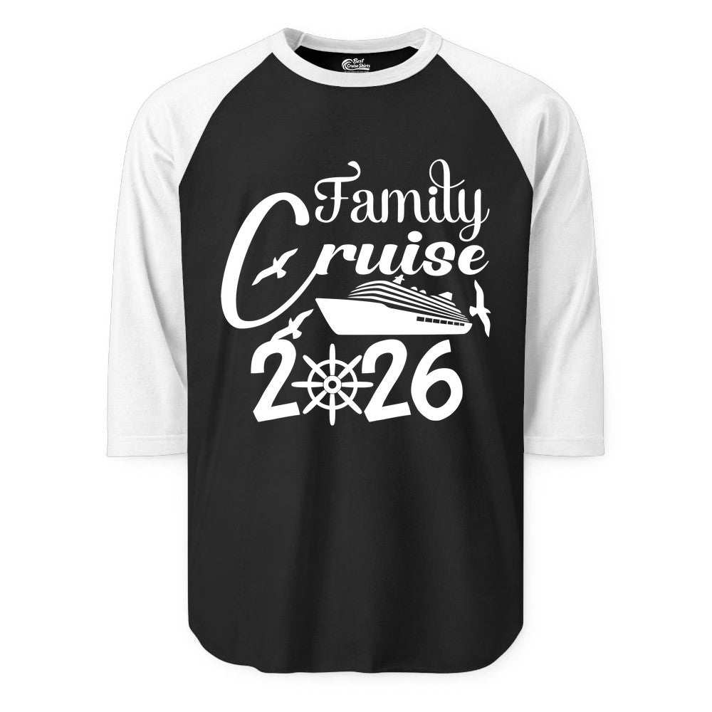 Family Cruise Shirts 2026 - Matching Cruise Group Shirts for Families (Raglan) in BlackWhite - Family Cruise 2026 Shirt with Cruise Ship and Seagulls Graphic