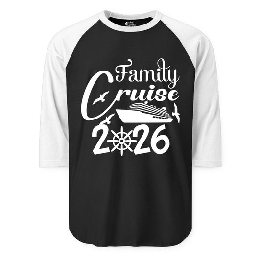 Family Cruise Shirts 2026 - Matching Cruise Group Shirts for Families (Raglan) in BlackWhite - Family Cruise 2026 Shirt with Cruise Ship and Seagulls Graphic