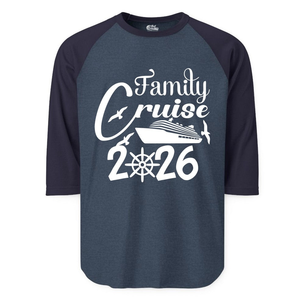 Family Cruise Shirts 2026 - Matching Cruise Group Shirts for Families (Raglan) in Heather DenimNavy - Family Cruise 2026 Shirt with Cruise Ship and Seagulls Graphic