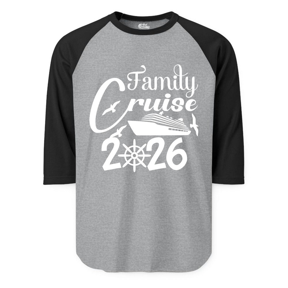 Family Cruise Shirts 2026 - Matching Cruise Group Shirts for Families (Raglan) in Heather GreyBlack - Family Cruise 2026 Shirt with Cruise Ship and Seagulls Graphic