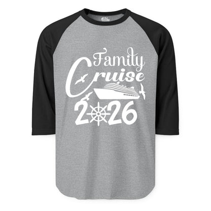 Family Cruise Shirts 2026 - Matching Cruise Group Shirts for Families (Raglan) in Heather GreyBlack - Family Cruise 2026 Shirt with Cruise Ship and Seagulls Graphic