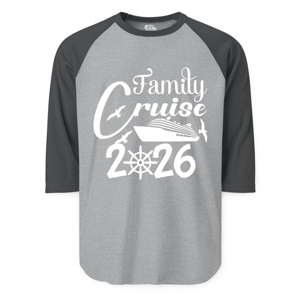 Family Cruise Shirts 2026 - Matching Cruise Group Shirts for Families (Raglan) in Heather GreyHeather Charcoal - Family Cruise 2026 Shirt with Cruise Ship and Seagulls Graphic