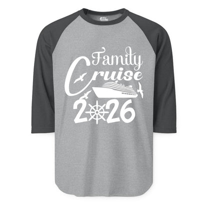 Family Cruise Shirts 2026 - Matching Cruise Group Shirts for Families (Raglan) in Heather GreyHeather Charcoal - Family Cruise 2026 Shirt with Cruise Ship and Seagulls Graphic