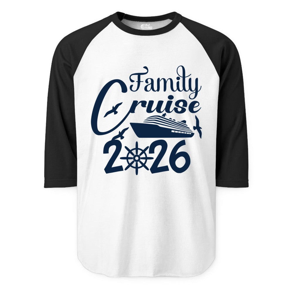 Family Cruise Shirts 2026 - Matching Cruise Group Shirts for Families (Raglan) in WhiteBlack - Family Cruise 2026 Shirt with Cruise Ship and Seagulls Graphic