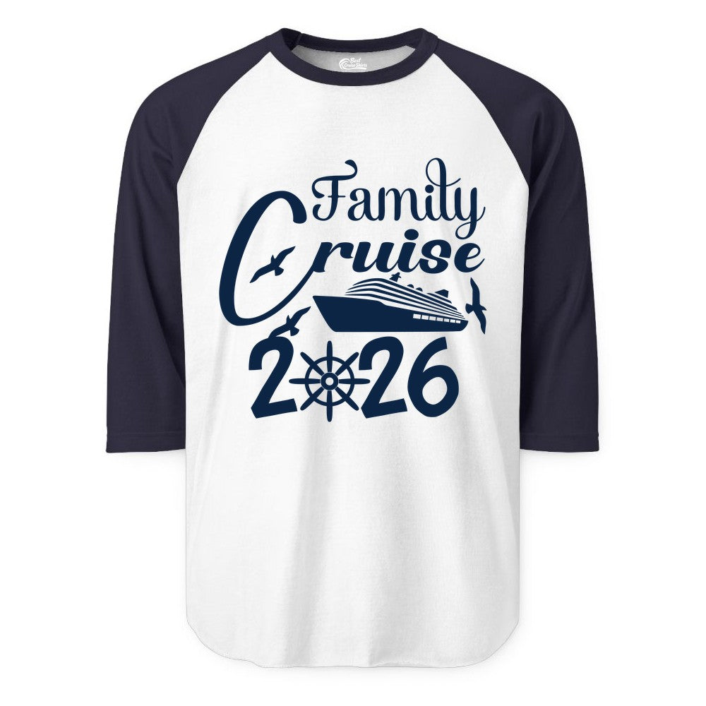 Family Cruise Shirts 2026 - Matching Cruise Group Shirts for Families (Raglan) in WhiteNavy - Family Cruise 2026 Shirt with Cruise Ship and Seagulls Graphic