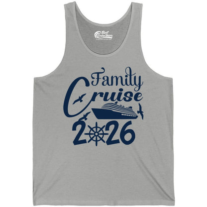 Family Cruise Shirts 2026 - Matching Cruise Group Shirts for Families (Tank Top) in Athletic Heather - Family Cruise 2026 Shirt with Cruise Ship and Seagulls Graphic