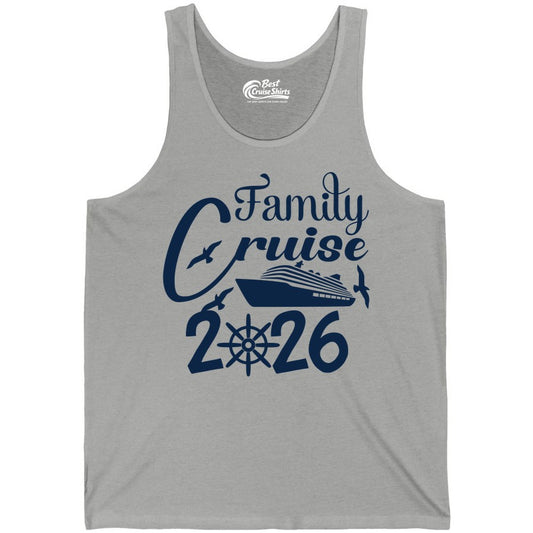 Family Cruise Shirts 2026 - Matching Cruise Group Shirts for Families (Tank Top) in Athletic Heather - Family Cruise 2026 Shirt with Cruise Ship and Seagulls Graphic