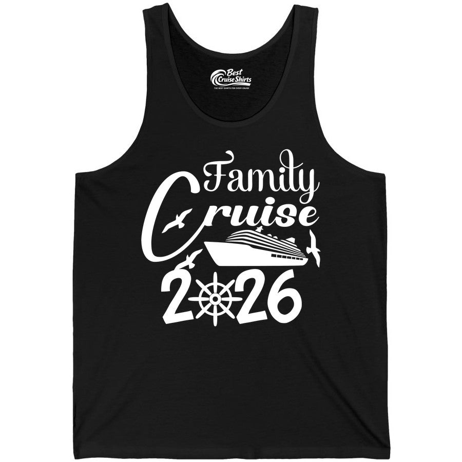 Family Cruise Shirts 2026 - Matching Cruise Group Shirts for Families (Tank Top) in Black - Family Cruise 2026 Shirt with Cruise Ship and Seagulls Graphic
