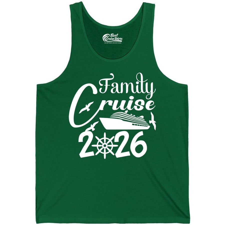 Family Cruise Shirts 2026 - Matching Cruise Group Shirts for Families (Tank Top) in Kelly - Family Cruise 2026 Shirt with Cruise Ship and Seagulls Graphic