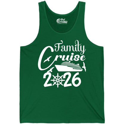 Family Cruise Shirts 2026 - Matching Cruise Group Shirts for Families (Tank Top) in Kelly - Family Cruise 2026 Shirt with Cruise Ship and Seagulls Graphic