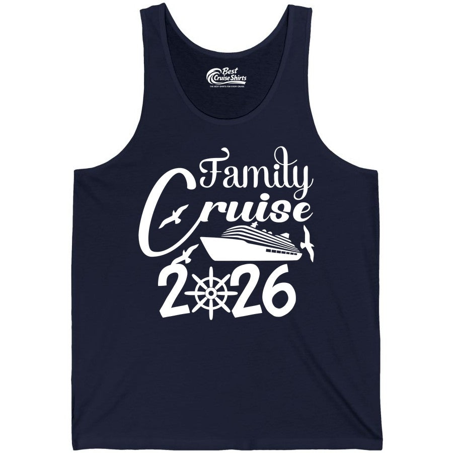 Family Cruise Shirts 2026 - Matching Cruise Group Shirts for Families (Tank Top) in Navy - Family Cruise 2026 Shirt with Cruise Ship and Seagulls Graphic