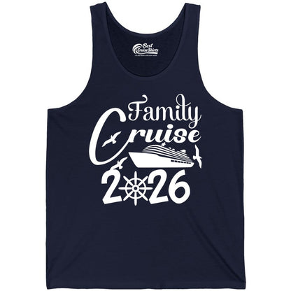 Family Cruise Shirts 2026 - Matching Cruise Group Shirts for Families (Tank Top) in Navy - Family Cruise 2026 Shirt with Cruise Ship and Seagulls Graphic
