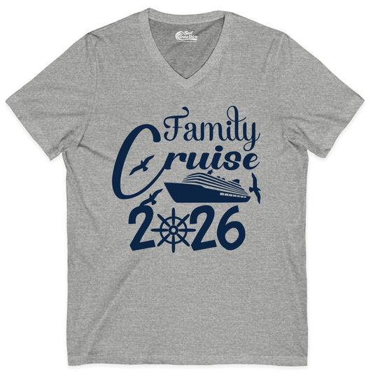 Family Cruise Shirts 2026 - Matching Cruise Group Shirts for Families (V-Neck) in Athletic Heather - Family Cruise 2026 Shirt with Cruise Ship and Seagulls Graphic