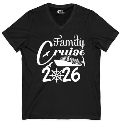 Family Cruise Shirts 2026 - Matching Cruise Group Shirts for Families (V-Neck) in Black - Family Cruise 2026 Shirt with Cruise Ship and Seagulls Graphic