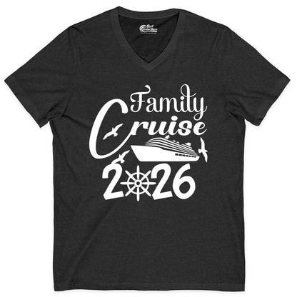 Family Cruise Shirts 2026 - Matching Cruise Group Shirts for Families (V-Neck) in Dark Grey Heather - Family Cruise 2026 Shirt with Cruise Ship and Seagulls Graphic