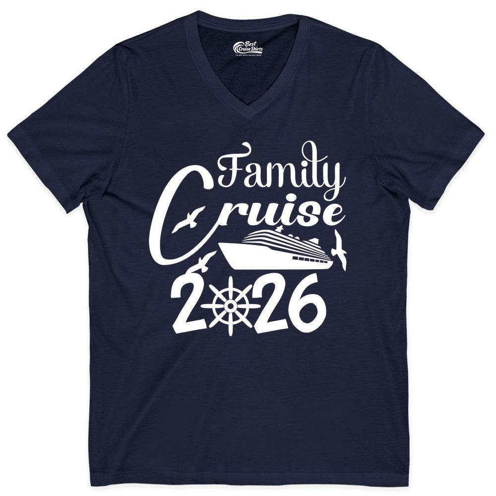 Family Cruise Shirts 2026 - Matching Cruise Group Shirts for Families (V-Neck) in Navy - Family Cruise 2026 Shirt with Cruise Ship and Seagulls Graphic