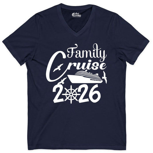 Family Cruise Shirts 2026 - Matching Cruise Group Shirts for Families (V-Neck) in Navy - Family Cruise 2026 Shirt with Cruise Ship and Seagulls Graphic
