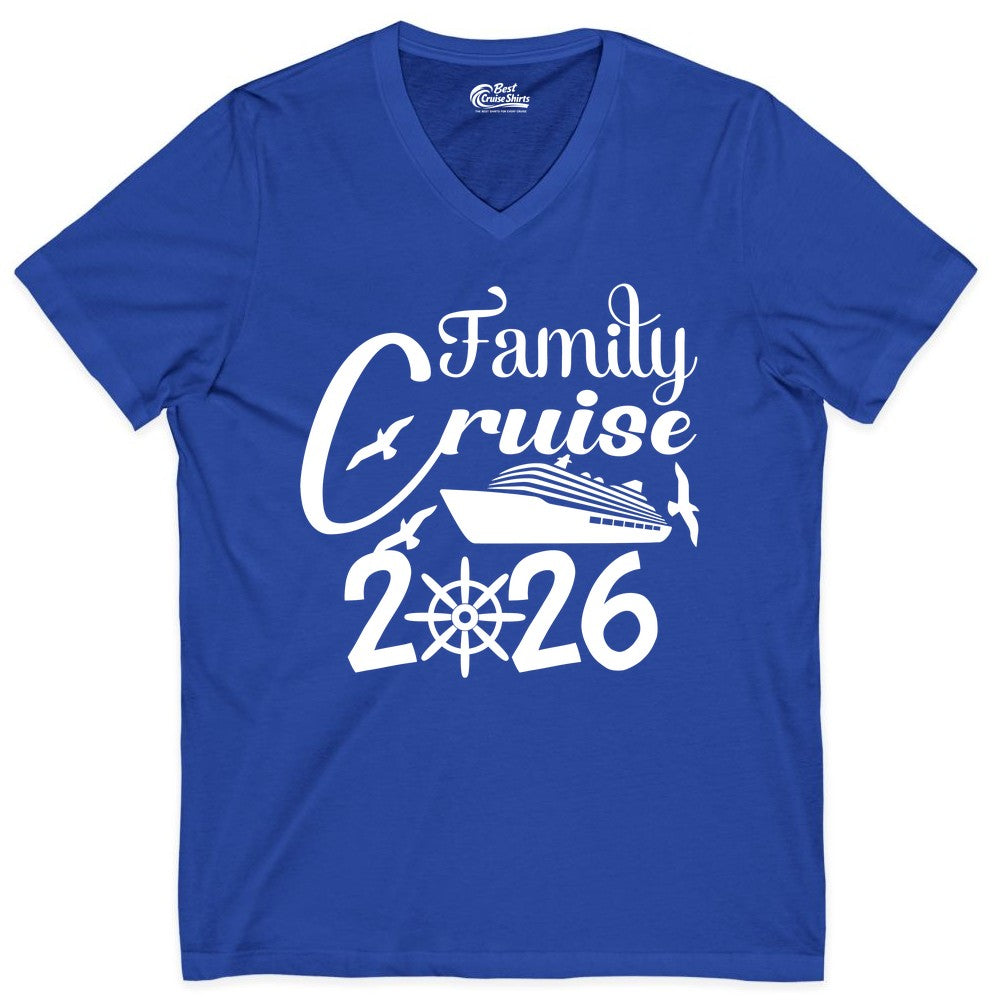Family Cruise Shirts 2026 - Matching Cruise Group Shirts for Families (V-Neck) in True Royal - Family Cruise 2026 Shirt with Cruise Ship and Seagulls Graphic