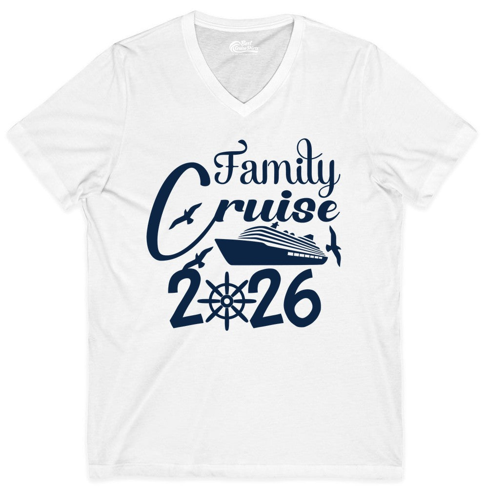 Family Cruise Shirts 2026 - Matching Cruise Group Shirts for Families (V-Neck) in White - Family Cruise 2026 Shirt with Cruise Ship and Seagulls Graphic