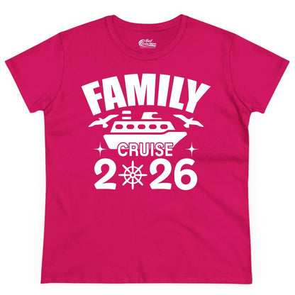 Family Cruise 2026 Shirt - Matching Cruise Vacation Shirt for Families (Ladies Tee) in Heliconia - Family Cruise 2026 Matching Nautical Ship Shirt for Group Trips