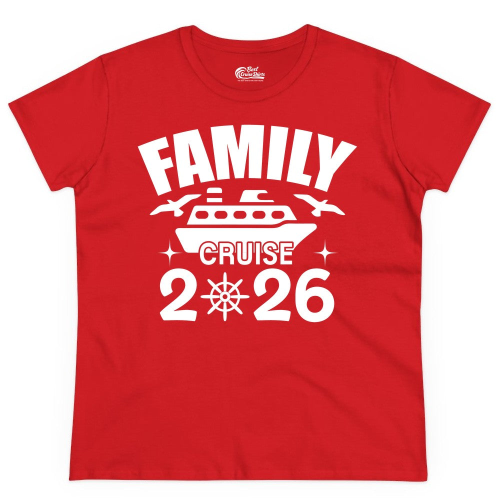 Family Cruise 2026 Shirt - Matching Cruise Vacation Shirt for Families (Ladies Tee) in Red - Family Cruise 2026 Matching Nautical Ship Shirt for Group Trips