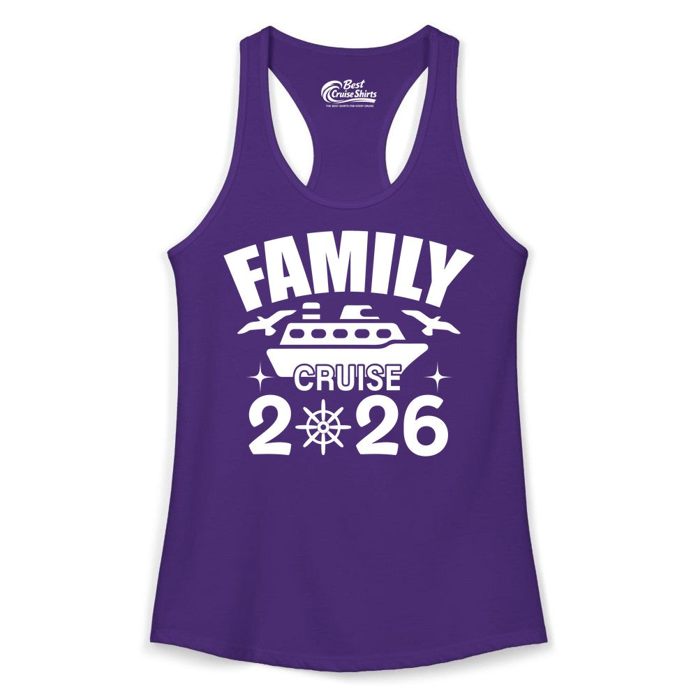 Family Cruise 2026 Shirt - Matching Cruise Vacation Shirt for Families (Ladies Tank) in Solid Purple Rush - Family Cruise 2026 Matching Nautical Ship Shirt for Group Trips