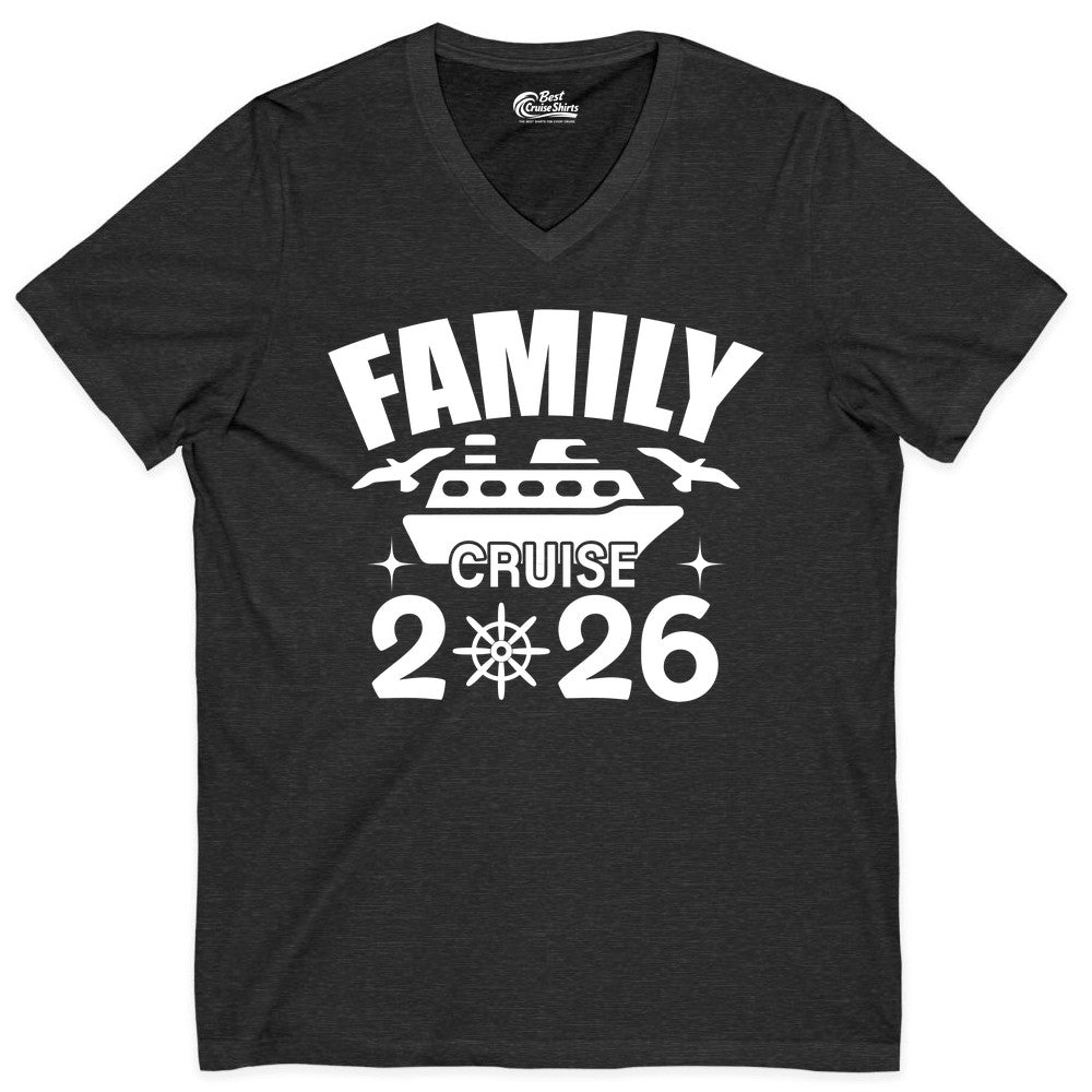 Family Cruise 2026 Shirt - Matching Cruise Vacation Shirt for Families (V-Neck) in Dark Grey Heather - Family Cruise 2026 Matching Nautical Ship Shirt for Group Trips