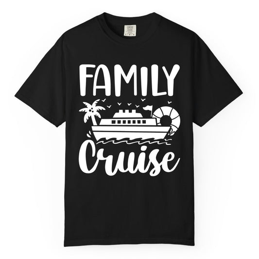 Family Cruise Shirt - Matching Cruise Vacation Tee for Families (Comfort Color) in Black - Family Cruise Shirt - Tropical Palm and Cruise Ship Vacation Design
