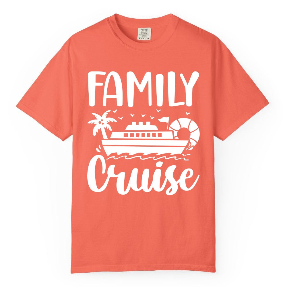 Family Cruise Shirt - Matching Cruise Vacation Tee for Families (Comfort Color) in Bright Salmon - Family Cruise Shirt - Tropical Palm and Cruise Ship Vacation Design