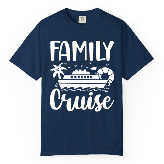 Family Cruise Shirt - Matching Cruise Vacation Tee for Families (Comfort Color) in Navy - Family Cruise Shirt - Tropical Palm and Cruise Ship Vacation Design