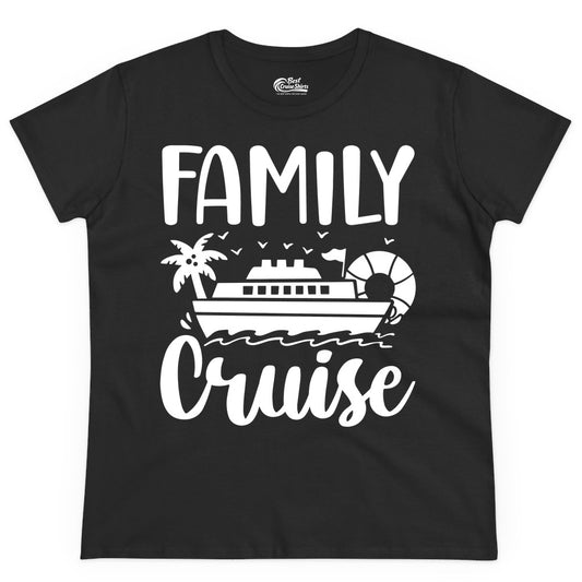 Family Cruise Shirt - Matching Cruise Vacation Tee for Families (Ladies Tee) in Black - Family Cruise Shirt - Tropical Palm and Cruise Ship Vacation Design