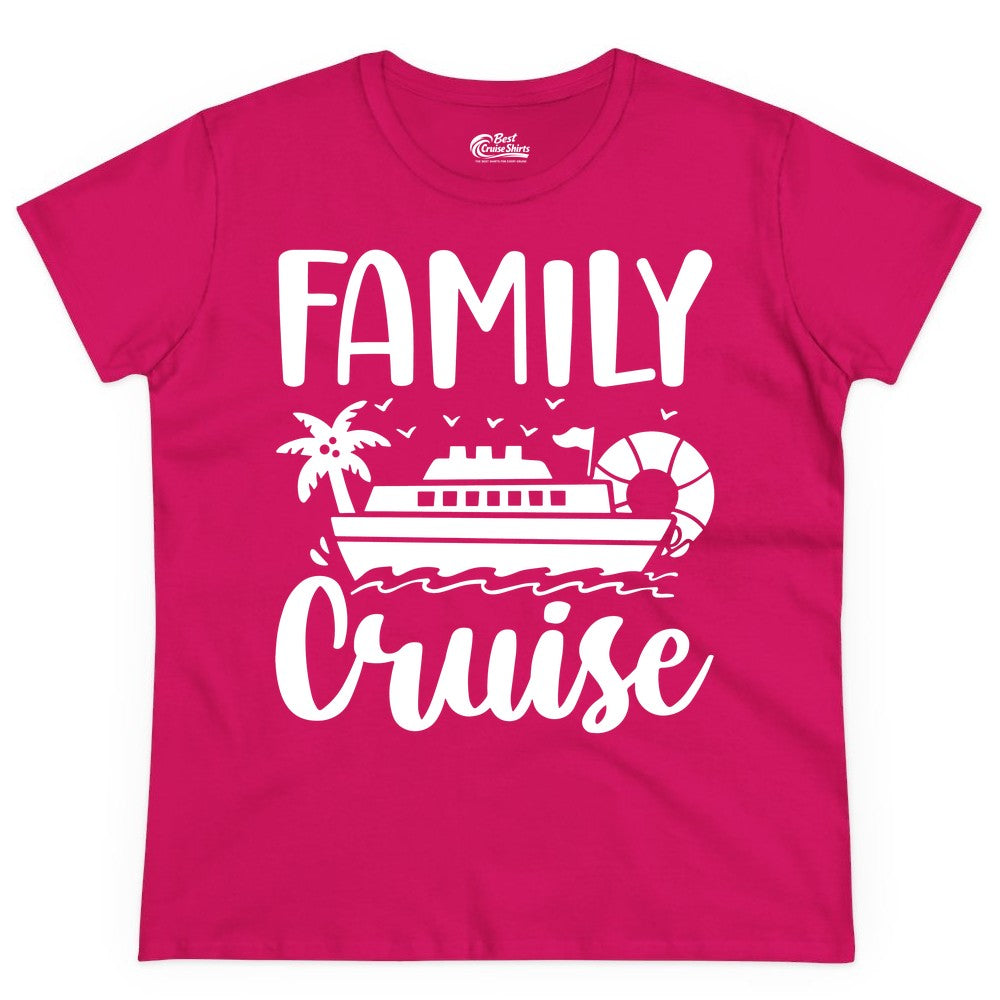 Family Cruise Shirt - Matching Cruise Vacation Tee for Families (Ladies Tee) in Heliconia - Family Cruise Shirt - Tropical Palm and Cruise Ship Vacation Design