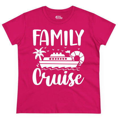 Family Cruise Shirt - Matching Cruise Vacation Tee for Families (Ladies Tee) in Heliconia - Family Cruise Shirt - Tropical Palm and Cruise Ship Vacation Design