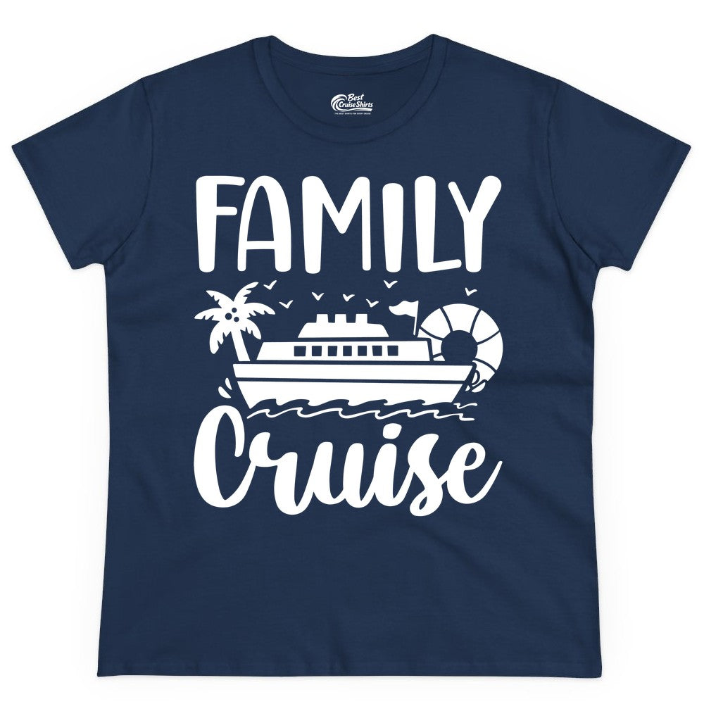 Family Cruise Shirt - Matching Cruise Vacation Tee for Families (Ladies Tee) in Navy - Family Cruise Shirt - Tropical Palm and Cruise Ship Vacation Design