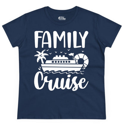 Family Cruise Shirt - Matching Cruise Vacation Tee for Families (Ladies Tee) in Navy - Family Cruise Shirt - Tropical Palm and Cruise Ship Vacation Design