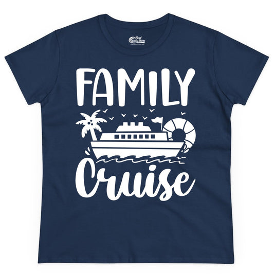 Family Cruise Shirt - Matching Cruise Vacation Tee for Families (Ladies Tee) in Navy - Family Cruise Shirt - Tropical Palm and Cruise Ship Vacation Design