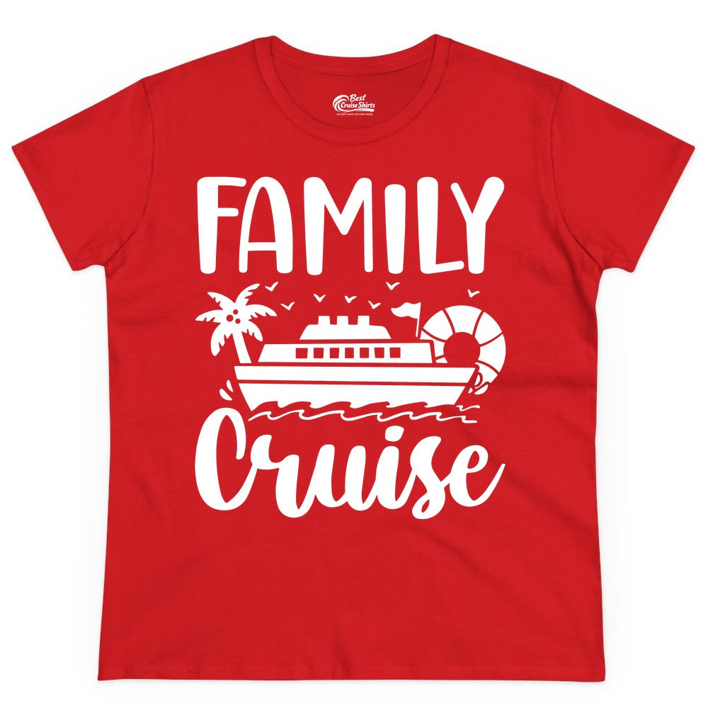 Family Cruise Shirt - Matching Cruise Vacation Tee for Families (Ladies Tee) in Red - Family Cruise Shirt - Tropical Palm and Cruise Ship Vacation Design