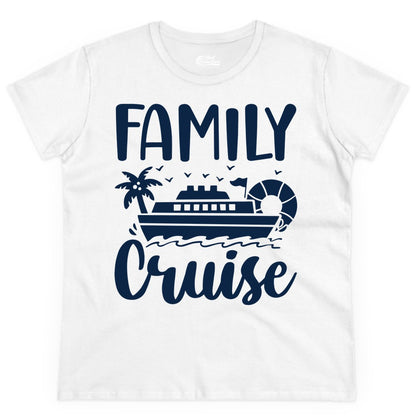 Family Cruise Shirt - Matching Cruise Vacation Tee for Families (Ladies Tee) in White - Family Cruise Shirt - Tropical Palm and Cruise Ship Vacation Design