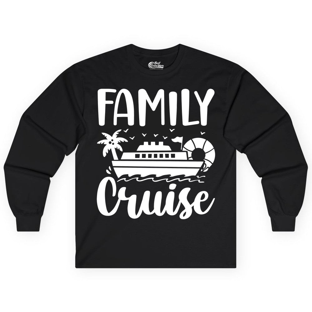 Family Cruise Shirt - Matching Cruise Vacation Tee for Families (Long Sleeve) in Black - Family Cruise Shirt - Tropical Palm and Cruise Ship Vacation Design