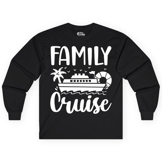 Family Cruise Shirt - Matching Cruise Vacation Tee for Families (Long Sleeve) in Black - Family Cruise Shirt - Tropical Palm and Cruise Ship Vacation Design