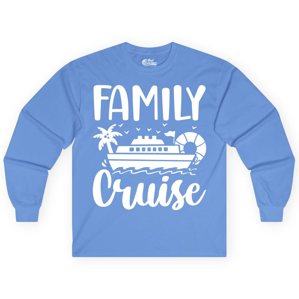 Family Cruise Shirt - Matching Cruise Vacation Tee for Families (Long Sleeve) in Carolina Blue - Family Cruise Shirt - Tropical Palm and Cruise Ship Vacation Design