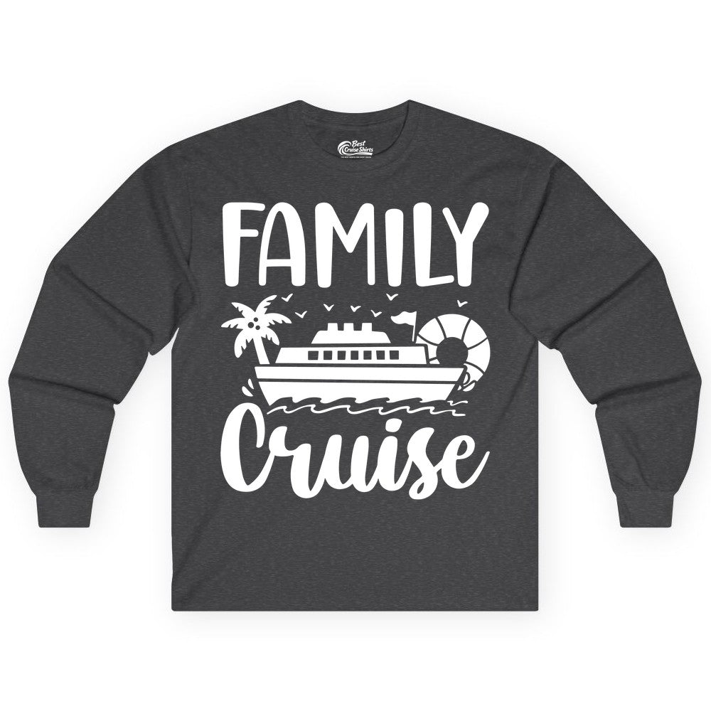 Family Cruise Shirt - Matching Cruise Vacation Tee for Families (Long Sleeve) in Dark Heather - Family Cruise Shirt - Tropical Palm and Cruise Ship Vacation Design