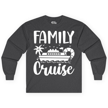 Family Cruise Shirt - Matching Cruise Vacation Tee for Families (Long Sleeve) in Dark Heather - Family Cruise Shirt - Tropical Palm and Cruise Ship Vacation Design