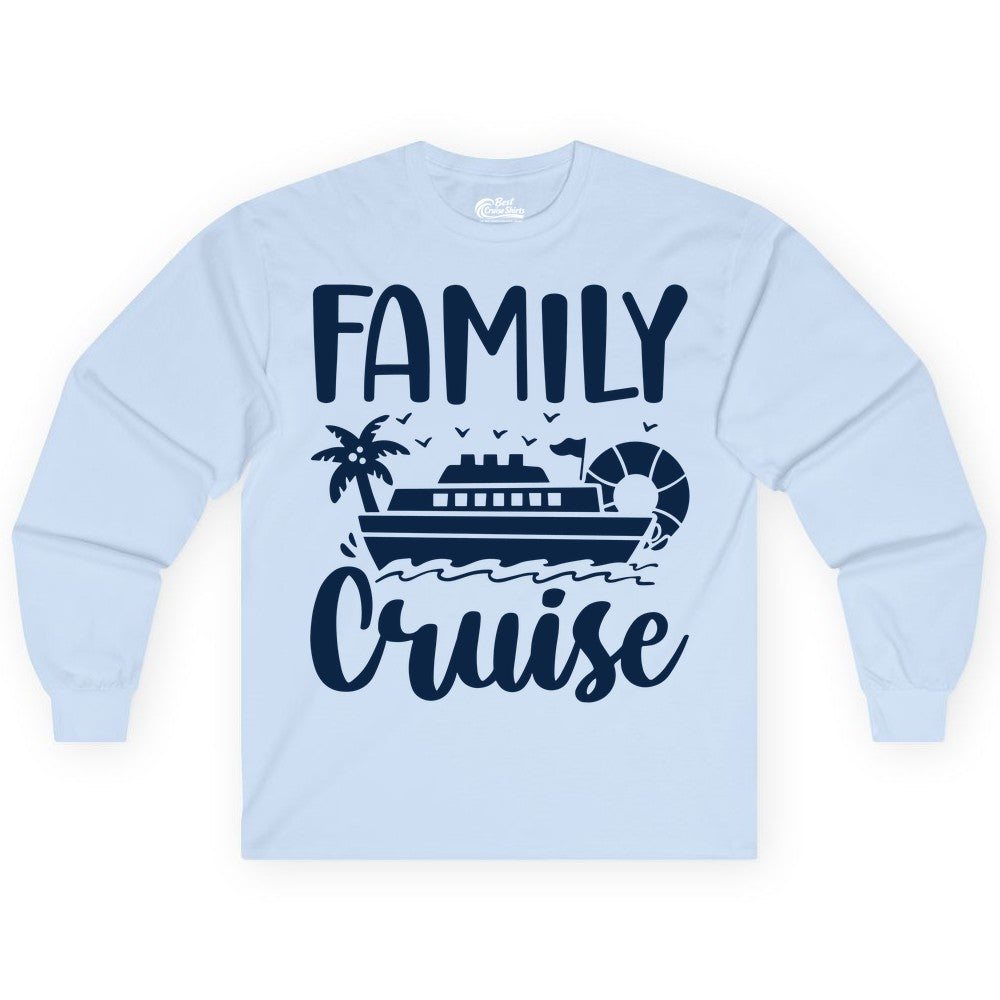 Family Cruise Shirt - Matching Cruise Vacation Tee for Families (Long Sleeve) in Light Blue - Family Cruise Shirt - Tropical Palm and Cruise Ship Vacation Design