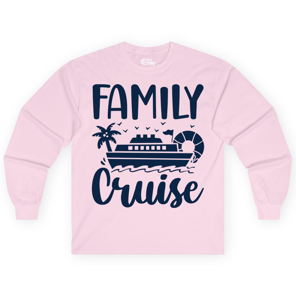 Family Cruise Shirt - Matching Cruise Vacation Tee for Families (Long Sleeve) in Light Pink - Family Cruise Shirt - Tropical Palm and Cruise Ship Vacation Design