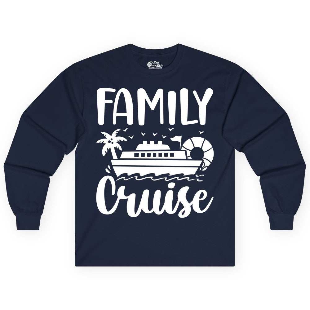 Family Cruise Shirt - Matching Cruise Vacation Tee for Families (Long Sleeve) in Navy - Family Cruise Shirt - Tropical Palm and Cruise Ship Vacation Design