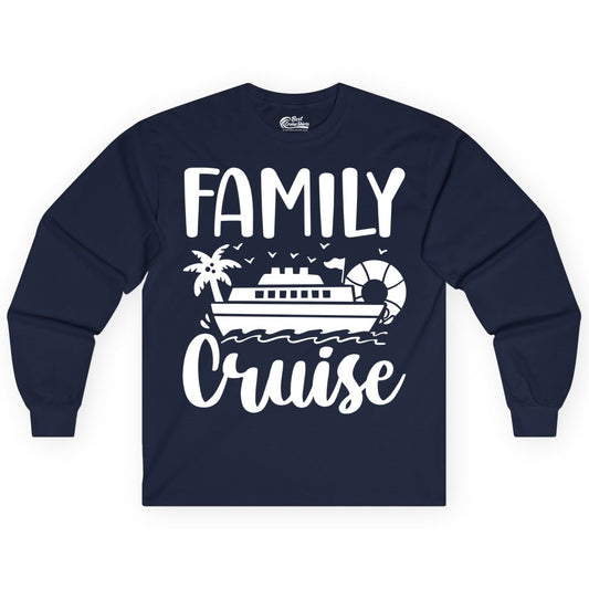 Family Cruise Shirt - Matching Cruise Vacation Tee for Families (Long Sleeve) in Navy - Family Cruise Shirt - Tropical Palm and Cruise Ship Vacation Design