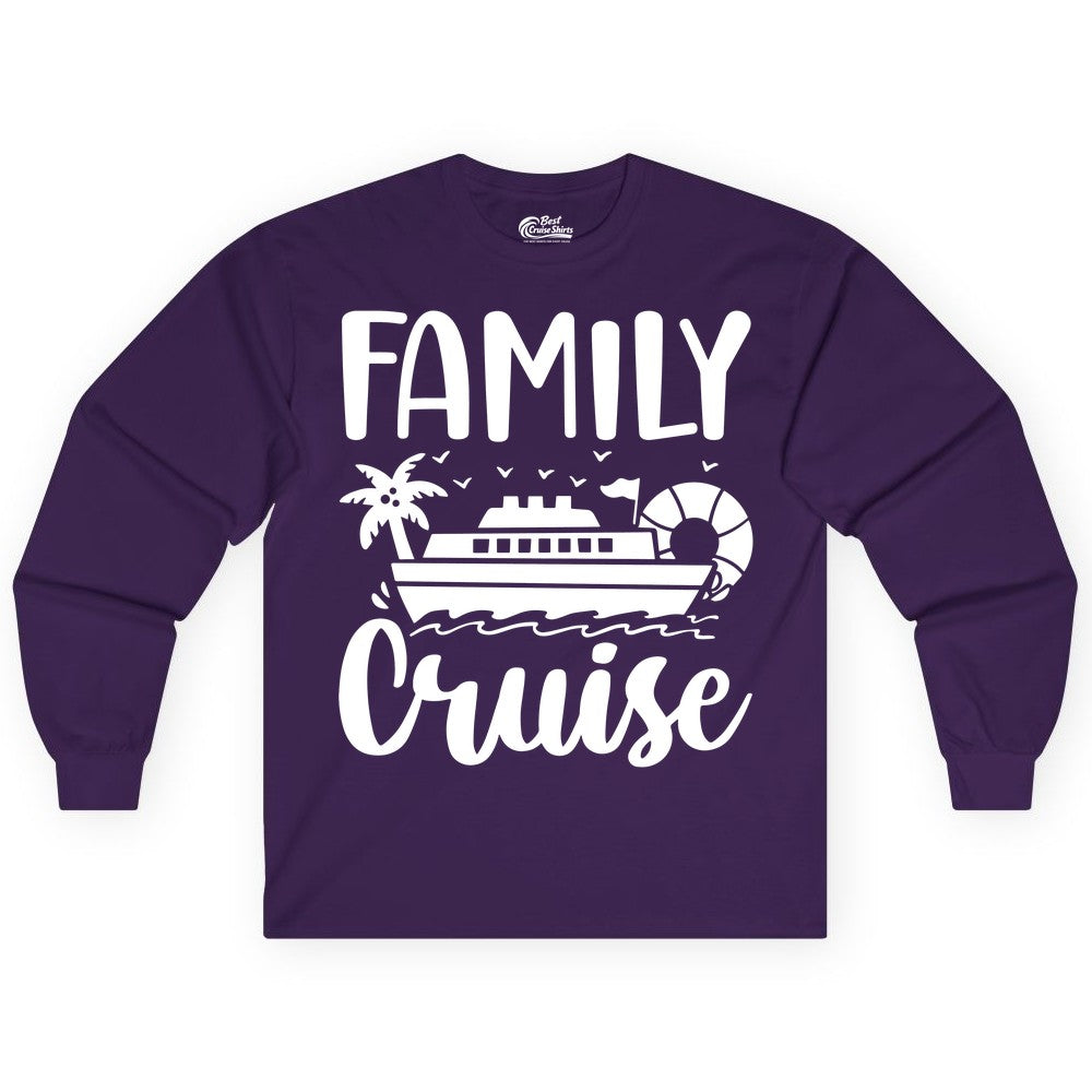 Family Cruise Shirt - Matching Cruise Vacation Tee for Families (Long Sleeve) in Purple - Family Cruise Shirt - Tropical Palm and Cruise Ship Vacation Design